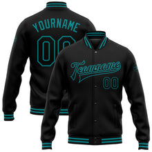 Load image into Gallery viewer, Custom Black Teal Bomber Full-Snap Varsity Letterman Jacket