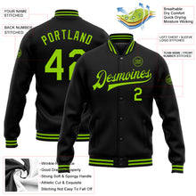 Load image into Gallery viewer, Custom Black Neon Green Bomber Full-Snap Varsity Letterman Jacket