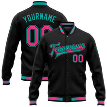 Load image into Gallery viewer, Custom Black Pink-Aqua Bomber Full-Snap Varsity Letterman Jacket