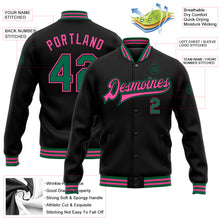 Load image into Gallery viewer, Custom Black Kelly Green-Pink Bomber Full-Snap Varsity Letterman Jacket
