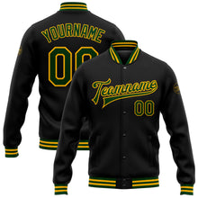 Load image into Gallery viewer, Custom Black Green-Gold Bomber Full-Snap Varsity Letterman Jacket