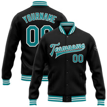Load image into Gallery viewer, Custom Black Teal-White Bomber Full-Snap Varsity Letterman Jacket