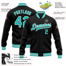 Load image into Gallery viewer, Custom Black Aqua-White Bomber Full-Snap Varsity Letterman Jacket