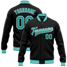Load image into Gallery viewer, Custom Black Aqua-White Bomber Full-Snap Varsity Letterman Jacket