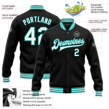 Load image into Gallery viewer, Custom Black White-Aqua Bomber Full-Snap Varsity Letterman Jacket