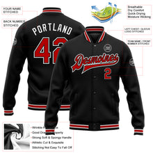 Load image into Gallery viewer, Custom Black Red-White Bomber Full-Snap Varsity Letterman Jacket