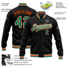 Load image into Gallery viewer, Custom Black Kelly Green-Orange Bomber Full-Snap Varsity Letterman Jacket