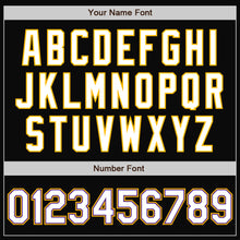 Load image into Gallery viewer, Custom Black White Purple-Gold Bomber Full-Snap Varsity Letterman Jacket