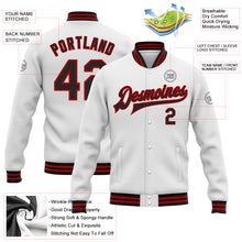 Load image into Gallery viewer, Custom White Black-Red Bomber Full-Snap Varsity Letterman Jacket