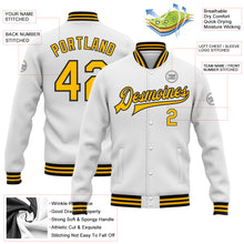 Load image into Gallery viewer, Custom White Gold-Black Bomber Full-Snap Varsity Letterman Jacket