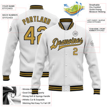 Load image into Gallery viewer, Custom White Old Gold-Black Bomber Full-Snap Varsity Letterman Jacket