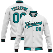 Load image into Gallery viewer, Custom White Teal-Black Bomber Full-Snap Varsity Letterman Jacket