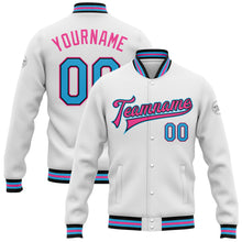 Load image into Gallery viewer, Custom White Sky Blue Black-Pink Bomber Full-Snap Varsity Letterman Jacket