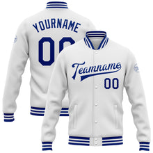 Load image into Gallery viewer, Custom White Royal Bomber Full-Snap Varsity Letterman Jacket