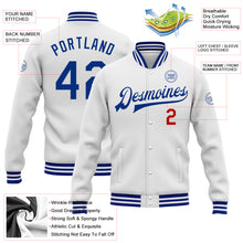 Load image into Gallery viewer, Custom White Royal-Red Bomber Full-Snap Varsity Letterman Jacket