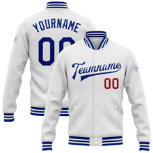 Load image into Gallery viewer, Custom White Royal-Red Bomber Full-Snap Varsity Letterman Jacket