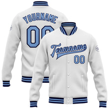 Load image into Gallery viewer, Custom White Light Blue-Navy Bomber Full-Snap Varsity Letterman Jacket