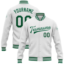 Load image into Gallery viewer, Custom White Kelly Green Bomber Full-Snap Varsity Letterman Jacket