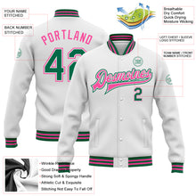Load image into Gallery viewer, Custom White Kelly Green-Pink Bomber Full-Snap Varsity Letterman Jacket