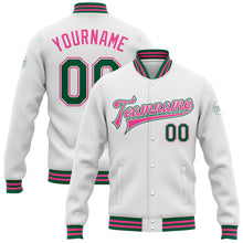 Load image into Gallery viewer, Custom White Kelly Green-Pink Bomber Full-Snap Varsity Letterman Jacket