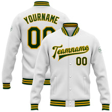 Load image into Gallery viewer, Custom White Green-Gold Bomber Full-Snap Varsity Letterman Jacket