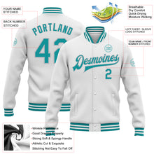 Load image into Gallery viewer, Custom White Teal-Gray Bomber Full-Snap Varsity Letterman Jacket