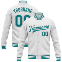 Load image into Gallery viewer, Custom White Teal-Gray Bomber Full-Snap Varsity Letterman Jacket