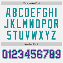 Load image into Gallery viewer, Custom White Purple-Teal Bomber Full-Snap Varsity Letterman Jacket