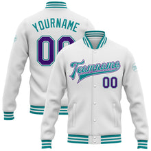 Load image into Gallery viewer, Custom White Purple-Teal Bomber Full-Snap Varsity Letterman Jacket