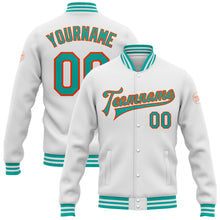 Load image into Gallery viewer, Custom White Aqua-Orange Bomber Full-Snap Varsity Letterman Jacket