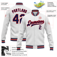 Load image into Gallery viewer, Custom White Navy-Red Bomber Full-Snap Varsity Letterman Jacket