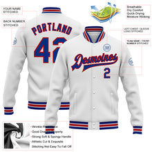 Load image into Gallery viewer, Custom White Royal-Red Bomber Full-Snap Varsity Letterman Jacket