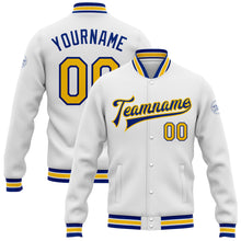 Load image into Gallery viewer, Custom White Yellow-Royal Bomber Full-Snap Varsity Letterman Jacket