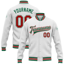 Load image into Gallery viewer, Custom White Red-Kelly Green Bomber Full-Snap Varsity Letterman Jacket