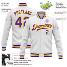 Load image into Gallery viewer, Custom White Purple-Gold Bomber Full-Snap Varsity Letterman Jacket