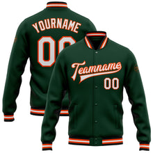 Load image into Gallery viewer, Custom Green White Orange-Black Bomber Full-Snap Varsity Letterman Jacket