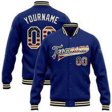 Load image into Gallery viewer, Custom Royal Vintage USA Flag Cream-Black Bomber Full-Snap Varsity Letterman Jacket