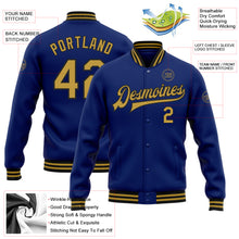 Load image into Gallery viewer, Custom Royal Old Gold-Black Bomber Full-Snap Varsity Letterman Jacket