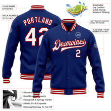 Load image into Gallery viewer, Custom Royal White-Red Bomber Full-Snap Varsity Letterman Jacket