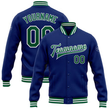 Load image into Gallery viewer, Custom Royal Kelly Green-White Bomber Full-Snap Varsity Letterman Jacket