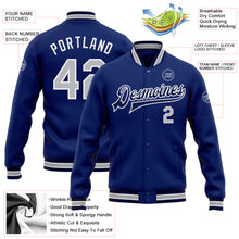 Load image into Gallery viewer, Custom Royal Gray-Navy Bomber Full-Snap Varsity Letterman Jacket