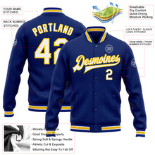 Load image into Gallery viewer, Custom Royal White-Yellow Bomber Full-Snap Varsity Letterman Jacket