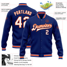 Load image into Gallery viewer, Custom Royal White-Orange Bomber Full-Snap Varsity Letterman Jacket