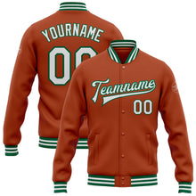 Load image into Gallery viewer, Custom Texas Orange White-Kelly Green Bomber Full-Snap Varsity Letterman Jacket