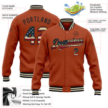 Load image into Gallery viewer, Custom Texas Orange Vintage USA Flag Black-Cream Bomber Full-Snap Varsity Letterman Jacket