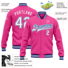 Load image into Gallery viewer, Custom Pink White-Royal Bomber Full-Snap Varsity Letterman Jacket