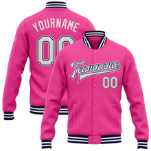Load image into Gallery viewer, Custom Pink White-Navy Bomber Full-Snap Varsity Letterman Jacket