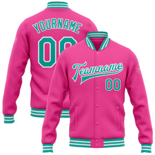 Load image into Gallery viewer, Custom Pink Aqua-White Bomber Full-Snap Varsity Letterman Jacket