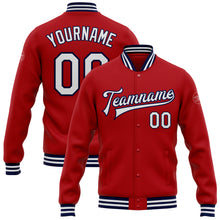Load image into Gallery viewer, Custom Red White-Navy Bomber Full-Snap Varsity Letterman Jacket