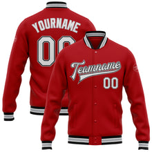 Load image into Gallery viewer, Custom Red White Black-Gray Bomber Full-Snap Varsity Letterman Jacket